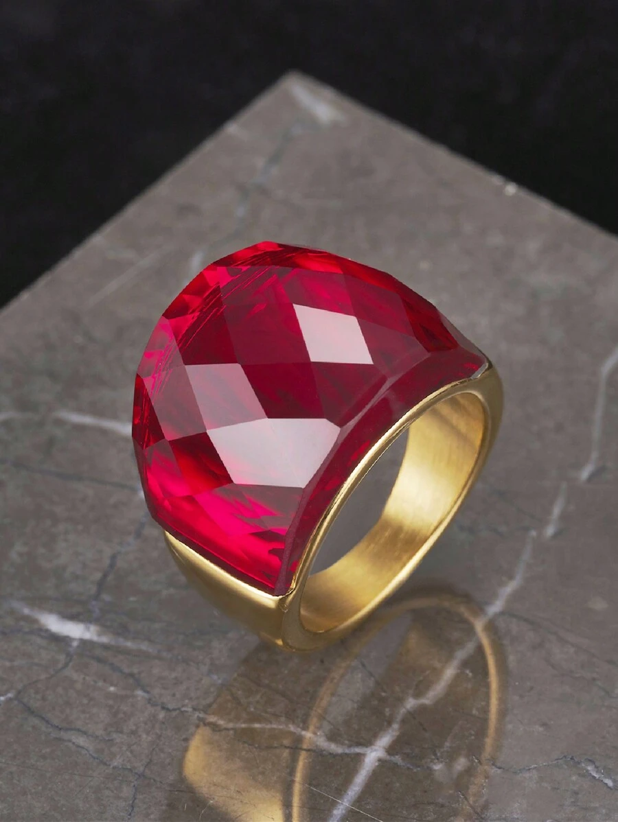 时尚镀金18K不锈钢戒指模具，女士钛钢个性化简约18K镀金不锈钢红宝石几何戒指 - 金戒指 - 查看 1