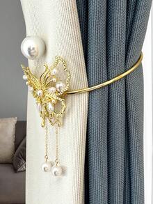 1入組蝴蝶結鋅合金珍珠窗簾扣，無需鑽孔窗簾夾，窗戶裝飾和整理配件 - 金色 - 查看 5