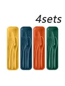 4/8入組可重複使用的塑膠餐具套裝，附贈收納盒，適合學校、工作和戶外露營使用