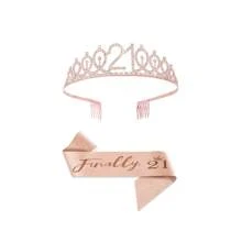 2 件/套 10 岁/11 岁/15 岁/16 岁/18 岁/21 岁生日腰带和头饰玫瑰金生日腰带皇冠 10 岁和精美腰带和头饰 10 岁生日礼物，适合 10 岁生日快乐派对礼品用品、圣诞节 - 玫瑰金 - 查看 10