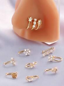 Victime 1入流行時尚變幻著銅合金假穿鼻環，搭配多元素立體氧化鋯石吊墜，適用於女性、女孩，適宜約會、派對、度假、假期、會議和日常穿著。 - 金黃色 - 查看 5