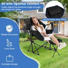 (Black)Hammock Camping Chair, Folding Camping Swinging Chair W/ Retractable Footrest, Cozy Head Pillow, Carrying Bag Included, Portable Lightweight Rocking Chair For Camping, Fishing, Picnic - Black - View 3