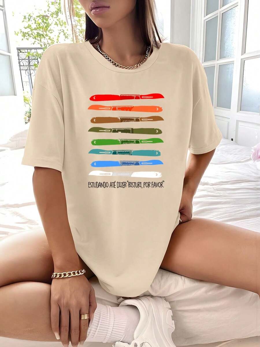 Camisa Camiseta Feminina Estampada Bisturi Por Favor 100% Algodão Fio 30.1 Penteado - Bege - Visão 1