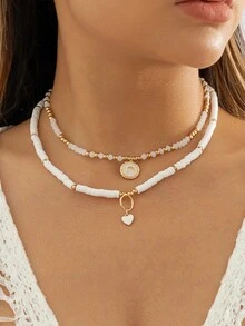 Bohemian Vintage Soft Ceramic Jewelry Retro Simple Heart-Shaped Crystal Multi-Layer Necklace - Multicolor - View 1