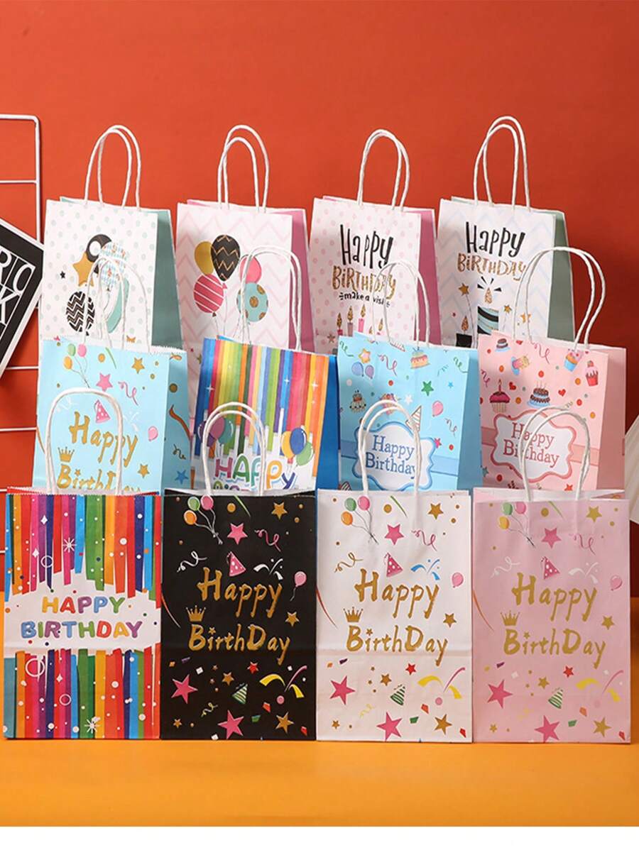 12pcs Colorful Patterned Paper Gift Bags For Birthday Parties And Various Gatherings, - Multicolor - View 1