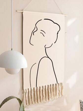 1 件线条画面部图案设计印花流苏挂毯，50x70 厘米 (19.7 英寸 X27.6 英寸)，极简主义风格装饰壁挂，适用于客厅/卧室/办公室/派对，墙壁艺术装饰，含悬挂配件，房间装饰，壁挂，墙壁装饰，家居装饰，房间用品，卧室装饰
