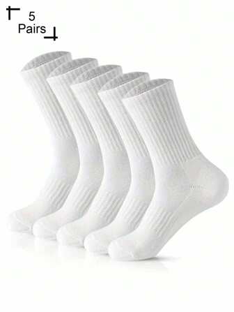 5 Pairs Men's White Casual Breathable Lightweight Outdoor Sport Crew Socks, Suitable For All Seasons, Gym