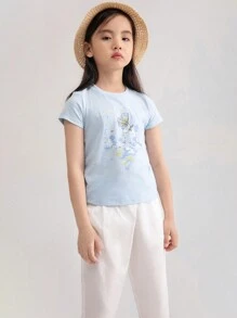 Annil 女童圆领短袖针织T恤夏季休闲上衣亲肤舒适百搭 - 藍色 - 查看 1