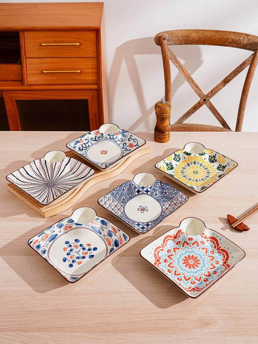 1pc/2pcs 7-Inch Ceramic Plates, Party/Event Tableware, Dumplings Plate, Hotel Restaurant Home Decor, Nordic Modern Creative Colorful Printed Square Plate With Sauce Dish, Snack Plate, Multi-Color Square Plate, Flower Plate - Multicolor - View 1