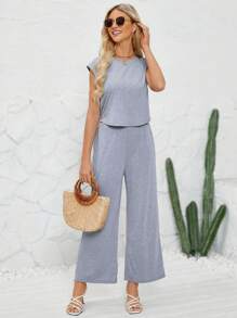 Womens Backless Cap Sleeve Summer One Piece Outfits Jumpsuits Front Knot Crewneck Romper - Grey - View 3