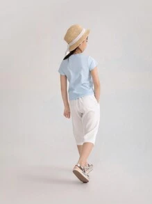 Annil 女童圆领短袖针织T恤夏季休闲上衣亲肤舒适百搭 - 藍色 - 查看 3