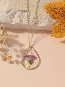 1pc Exquise handgemaakte hars gedroogde bloemen hanger ketting, waterdruppelvorm, 12 maanden geboorte bloemenontwerp inclusief roos, pioenroos, flox, zwaluw en narcis. Bloemen accessoires geschikt voor dagelijks gebruik en als cadeau. Valentijnsdag, moeder, moeder, Moederdag, cadeau