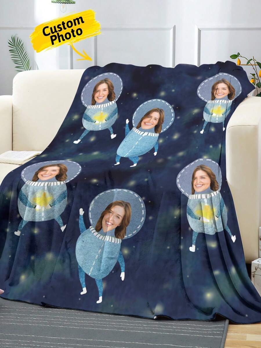 1pc Custom Astronaut Flannel Blanket Personalized Photo Flannel Blanket, Suitable For Bedroom Bed, Sofa, Office Multi-Purpose Throw Blanket, Outdoor Camping Travel, Cozy Blanket, For Anniversaries, For Mother's Day, For Birthdays, For Children's Day, For Father's Day, For Graduation, For Housewarming Sofa, Bed, Car, Tea Room, Bedroom, Living Room