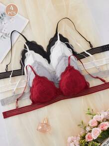 4 piezas Sujetador y bragas con encaje acorazonado inalámbricos, lencería - Multicolor - Ver 6