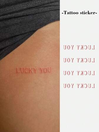 1 st tillfälligt tatueringsklistermärke med röd konstnärlig bokstäver, stilig engelsk välsignelsefras för lycka i europeisk och amerikansk stil, vattentät, anti-svett, för män och kvinnor