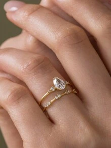 Tsnamer Set de 2 anillos con forma de pera y gota de agua brillante con circonita cúbica para mujeres y adolescentes, anillo de compromiso, propuesta, boda, uso diario, casual, fiesta, joyería de cumpleaños - anillo - Ver 3