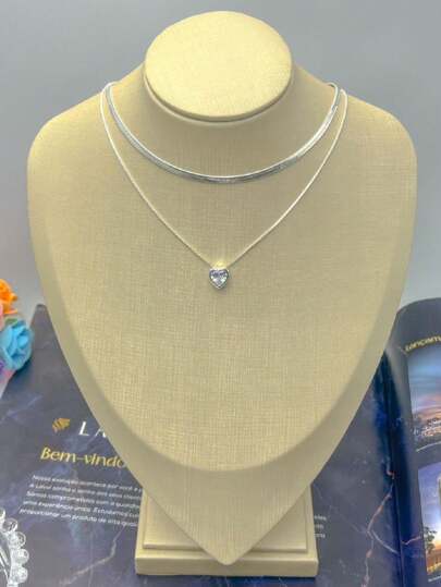 KIT 2 Choker Colar Laminado + Colar Com coração Ponto De Luz banhado a prata a ouro 18K