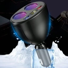 Dual Cigarette Lighter Sockets Dual USB Car Charger, 360-Degree Rotatable Car Charger - Black - View 3