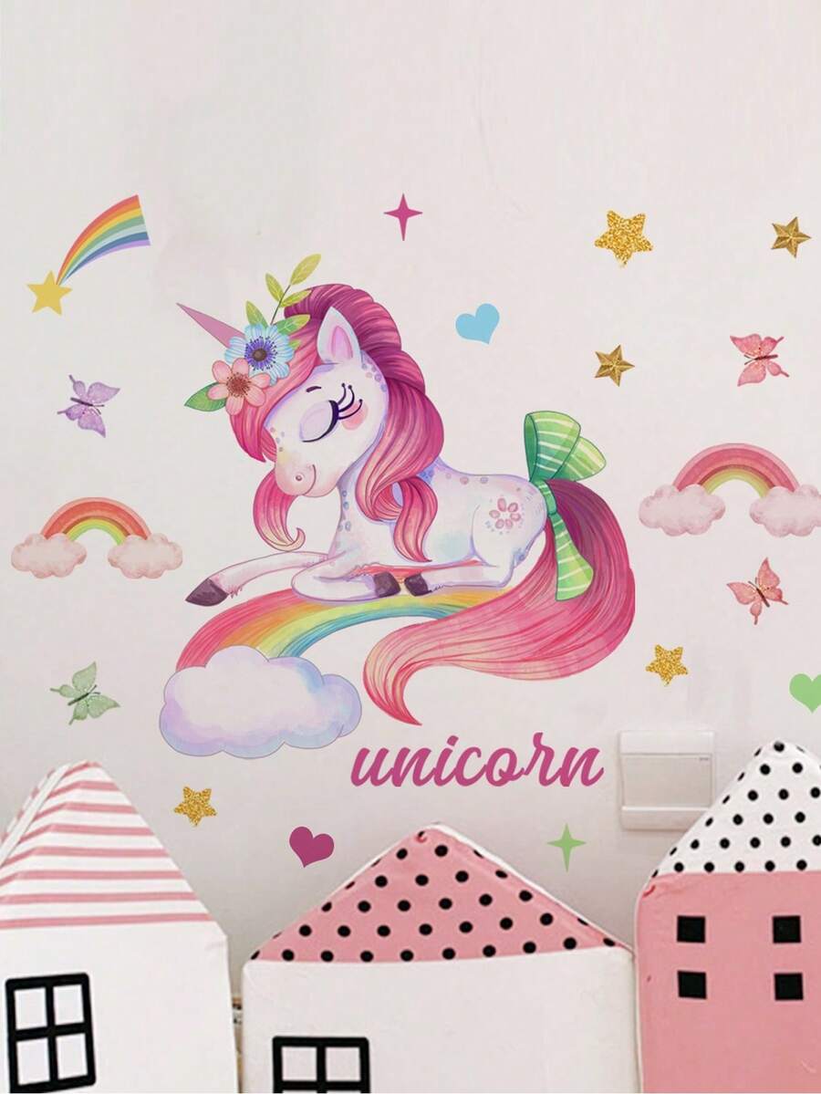 mama look 1pc Cartoon Unicorn Wall Sticker, Self-Adhesive And Removable Decor For Living Room, Foyer And Bedroom - Multicolor - View 1