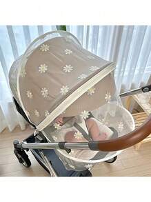 Spring And Summer Baby Stroller Mosquito Repellent Cover, Baby Stroller Breathable Sun Visor, Daisy Embroidery, Sun Protection - White - View 1