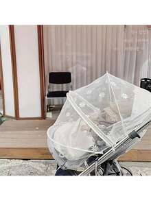 Spring And Summer Baby Stroller Mosquito Repellent Cover, Baby Stroller Breathable Sun Visor, Daisy Embroidery, Sun Protection - White - View 5
