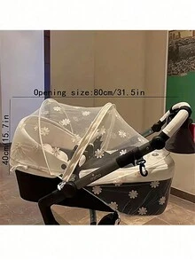 Spring And Summer Baby Stroller Mosquito Repellent Cover, Baby Stroller Breathable Sun Visor, Daisy Embroidery, Sun Protection - White - View 2