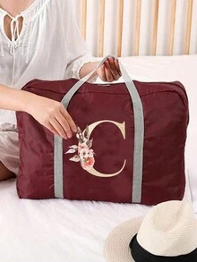1入組A-Y姓名首字母印花堅固超大收納袋，旅行袋可摺疊行李袋飛機袋肩袋大容量收納袋防水防潮健身瑜伽袋，適用於搬家、旅遊和宿舍 –帶雙拉鍊和加強手柄的耐用運動袋–臥室用品學校組織袋教師收納袋 - 酒紅色 - 查看 7