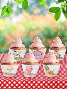 6pcs Pink Farm Animal Shaped Cake Decorations, Pink Farm Theme Birthday Party Decorations, Cake Decorations, Baking Packaging Products - Pink - View 6