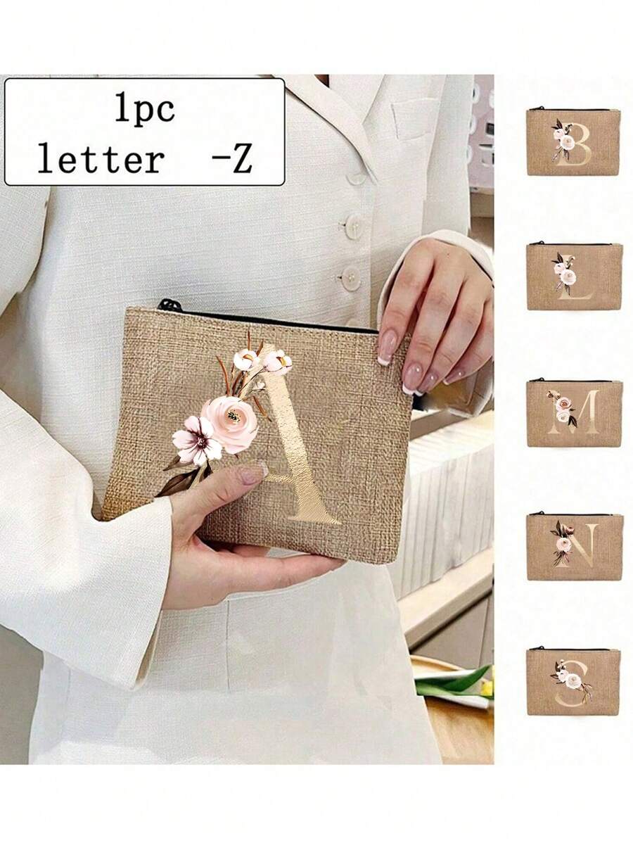1个化妆包/化妆袋/钱包/姓名首字母A-Z图案洗漱包/洗漱收纳袋/拉链手机包/铅笔袋/手拿包,教师礼物/旅行必备品/女士女孩礼物,用于收纳化妆工具、化妆刷/化妆品收纳包/化妆品整理包/化妆品收纳袋/化妆包 - 卡其色 - 查看 1
