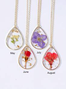 1pc Exquise handgemaakte hars gedroogde bloemen hanger ketting, waterdruppelvorm, 12 maanden geboorte bloemenontwerp inclusief roos, pioenroos, flox, zwaluw en narcis. Bloemen accessoires geschikt voor dagelijks gebruik en als cadeau. Valentijnsdag, moeder, moeder, Moederdag, cadeau