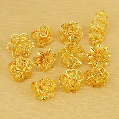 1 pezzo Nuovo anello da donna placcato oro 24 carati con motivo floreale, accessorio da sposa, regalo squisito per San Valentino, Mamma, Festa della Mamma