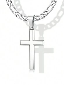 Cross Necklace For Men Women 5mm Strong Diamond-Cut Stainless Steel Figaro Link Chain  Pendant Necklace Beveled Edge Cross Chain Necklace Jewelry 18-22 Inches