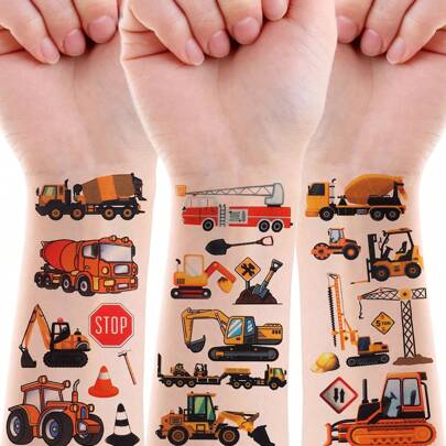 10pcs Construction Vehicle Temporary Tattoo Sticker, Ideal For Kids' Birthday Party Favors, Random Styles