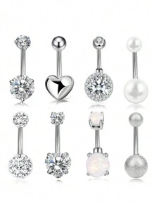 8入組時尚不鏽鋼立方氧化鋯爪鑲嵌肚臍環，女士夏季肚臍穿刺沙灘肚臍飾品