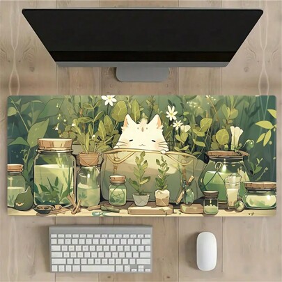 القطعة الواحدة وسادة فأر بتصميم نباتات خضراء وقطة، كبيرة الحجم بحواف مخيطة مانعة للانزلاق ذات قاعدة مطاطية، لوح مكتب 35.4 بوصة في 15.7 بوصة لشغل المنزل والمكتب، هدية مثالية للنساء لبداية العام الدراسي