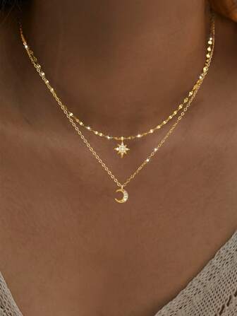 1pc 925 Silver Women's Double-Layered CZ Star And Moon Pendant Necklace With Elegant Chain, Exquisite And Stylish Jewelry Gift