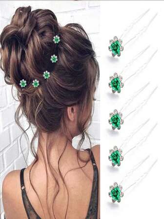 5 Pieces Set Of Emerald Green Bridal Hair Clips, Women's Dark Green Crystal Flower U-Shaped Hair Clips, Braided Hair Style Wedding Accessories Hair Accessories, Gorgeous Wedding Hair Clips Are Perfect For Shiny Wedding Themes And Party And Ball Occasions Hair Clips Tiaras