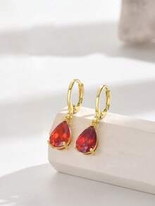 1 Set Fashion Cubic Teardrop Pendant & Copper Hoop Earrings Suit, Suitable As Daily Wear Or Gift For Women