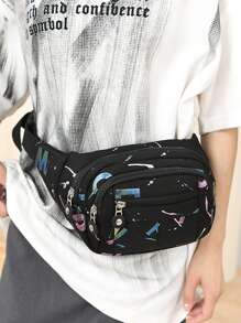 1pc Fashion Colorful Nylon Zipper Closure Casual Versatile Multi-Pocket Fanny Pack/Chest Bag/Shoulder Bag, Suitable For Daily Outing, Holiday, Travel, Random Print Design