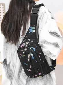 1pc Fashion Colorful Nylon Zipper Closure Casual Versatile Multi-Pocket Fanny Pack/Chest Bag/Shoulder Bag, Suitable For Daily Outing, Holiday, Travel, Random Print Design