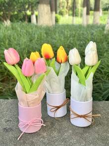1 pieza, Ramo de tulipanes en un cubo mini creativo de abrazo con tres paquetes, para enviar a amigos, seres queridos, padres, regalos de saludos de cumpleaños, regalos de cumpleaños, suministros de decoración para fiestas - multicolor - Ver 3