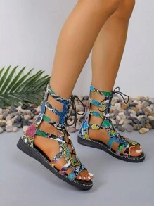 Women's Colorful Snake Pattern Flat Sandals, Stylish All-Match Beach Vacation Thick-Soled Slip-Resistant Sandals - Multicolor - View 3