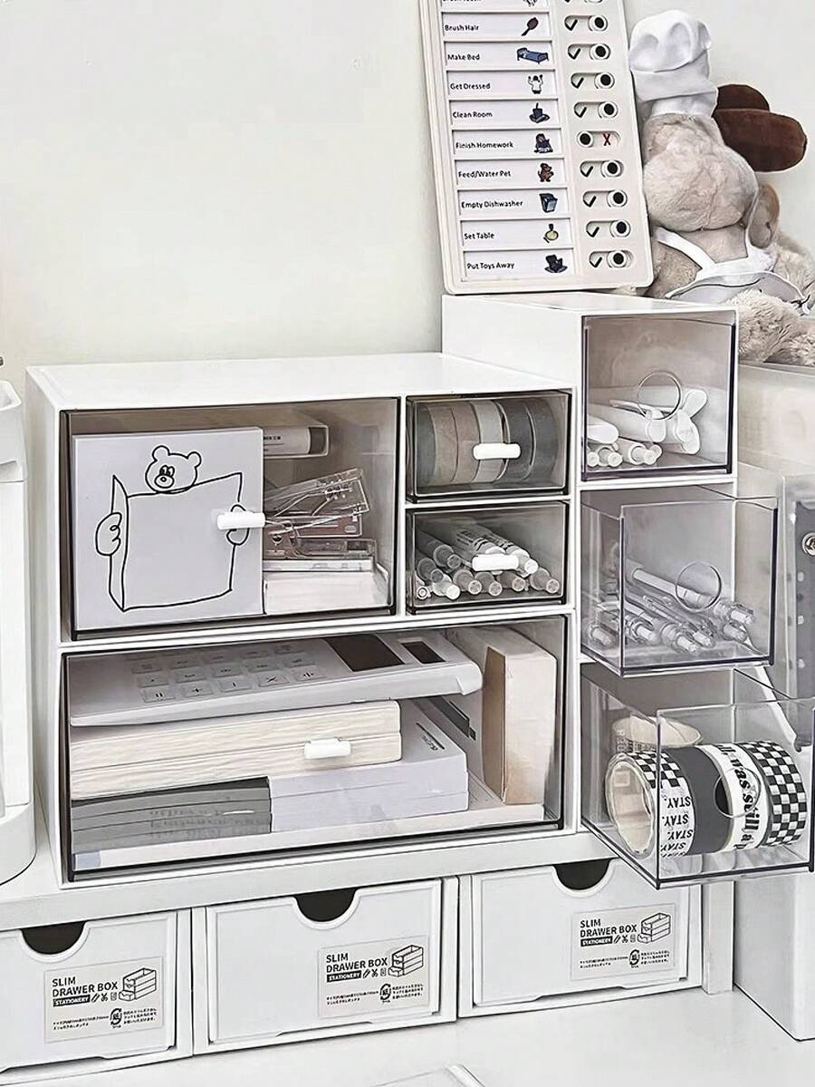 1pc Drawer Style Desktop Storage Box, Desk Organizer For Stationery In Dorm Or Office - White - View 1