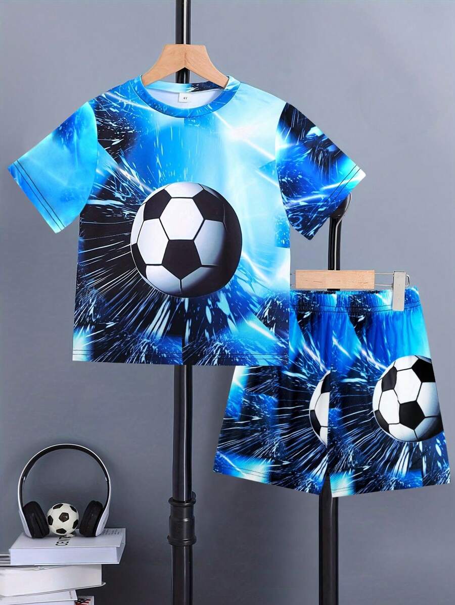 Young Boy 2pcs/Set Sportswear Inspired By Football - Breathable 3D T-Shirt And Shorts Creatively Printed, Suitable For Summer Games - Blue - View 1