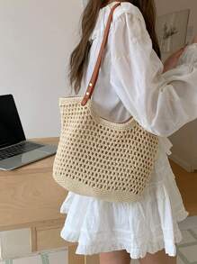 2024年新款女士包，编织沙滩包，多功能单肩包，适合海滩度假或通勤，学校手提包，书包，便携，可折叠，商务休闲，适合青少年女孩女士 - 杏色 - 查看 6