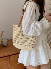 2024年新款女士包，编织沙滩包，多功能单肩包，适合海滩度假或通勤，学校手提包，书包，便携，可折叠，商务休闲，适合青少年女孩女士 - 杏色 - 查看 2