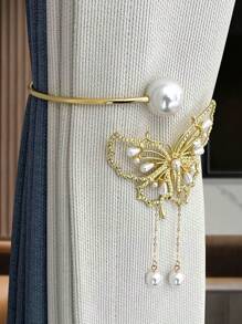 1入組蝴蝶結鋅合金珍珠窗簾扣，無需鑽孔窗簾夾，窗戶裝飾和整理配件 - 金色 - 查看 1