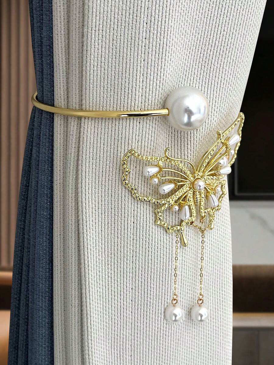 1入組蝴蝶結鋅合金珍珠窗簾扣，無需鑽孔窗簾夾，窗戶裝飾和整理配件 - 金色 - 查看 1