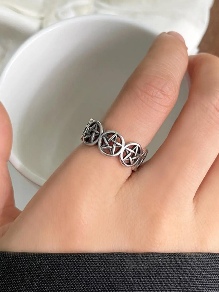 1入復古時尚空心五角星戒指，男女適用，適用於日常裝飾，情侶飾品 - 星星 - 查看 1