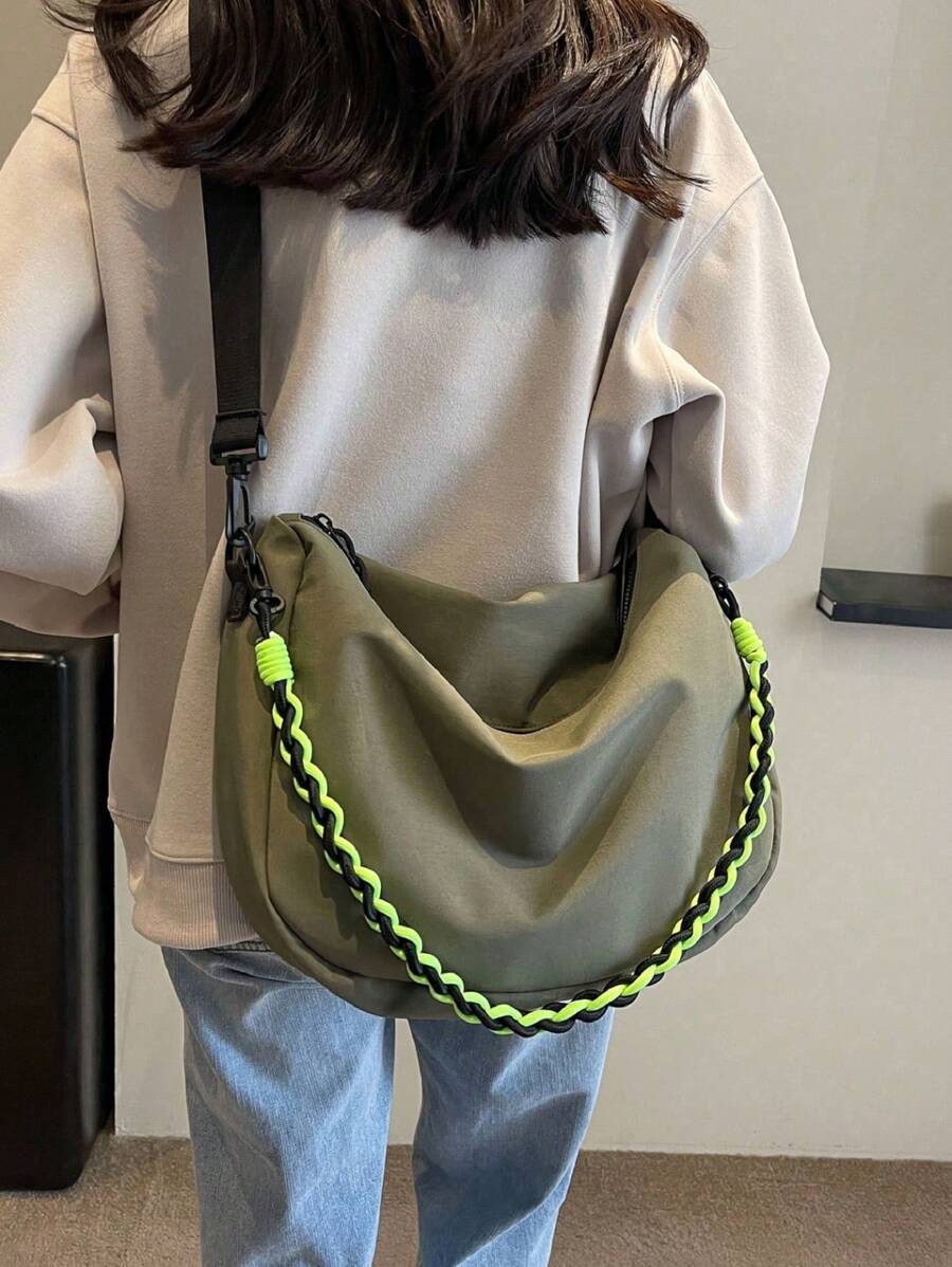 New Pleated Women's Shoulder Bag Oxford Cloth Casual Solid Color Crossbody Bag With Personalized Woven Handle Large Capacity, Foldable